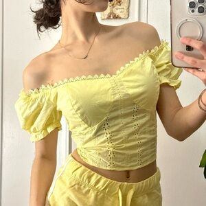 Forever 21 Yellow Off-Shoulder Eyelet Crop Top